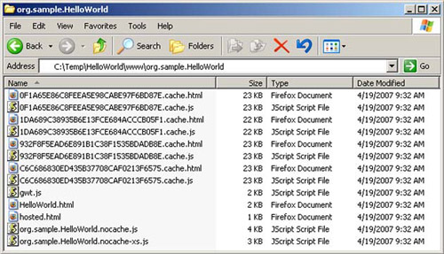 The current list of files in your GWT 1.4 project after pruning unused files like the rebind decision files, tree images, and the history file