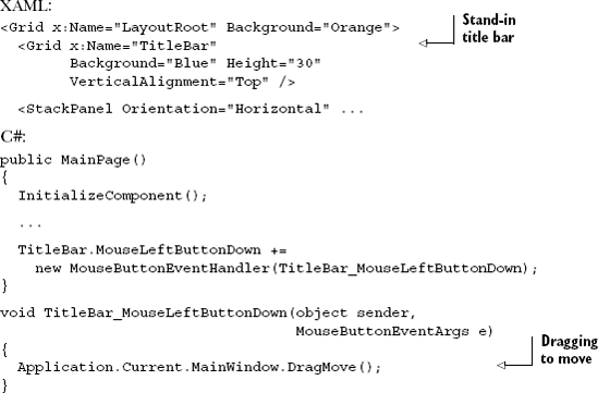 Code to implement dragging a window