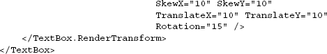 The same four transforms on a TextBox using a CompositeTransform