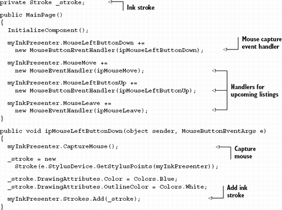 Receiving mouse events and creating ink strokes