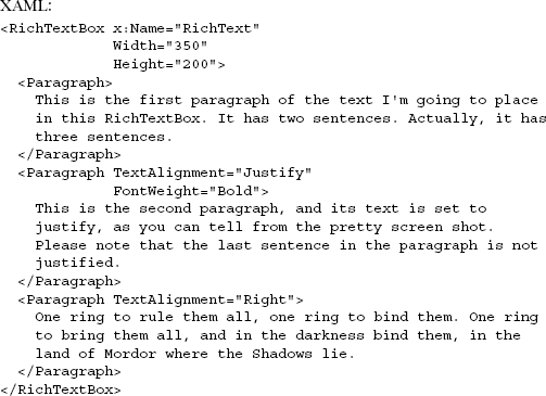 RichTextBox showing paragraphs with different formatting and alignment