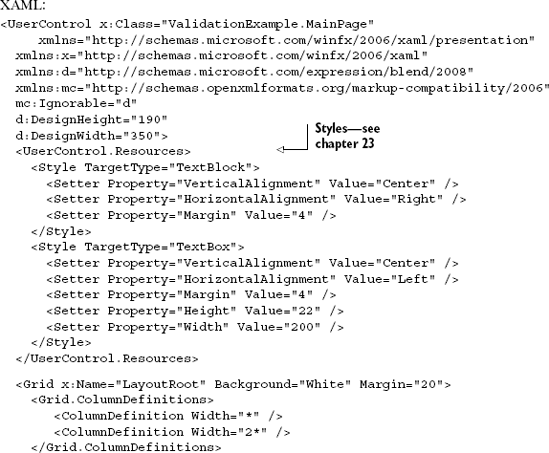 User interface XAML and code-behind to use for validation examples