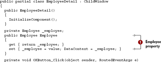 Employee detail code-behind for ChildWindow