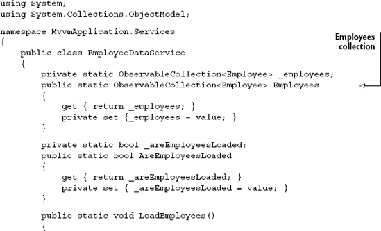 The EmployeeDataService class used for loading Employee data