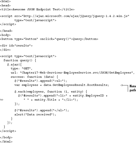 Testing the JSON endpoint from JavaScript using jQuery