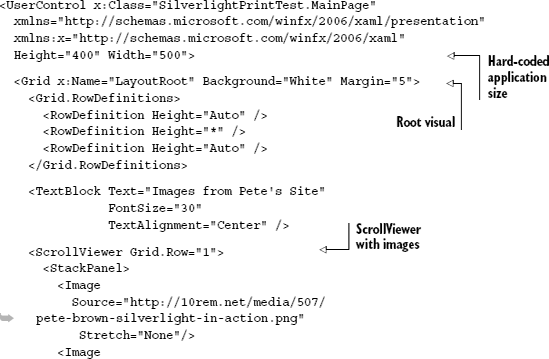 UI XAML for the content printing example