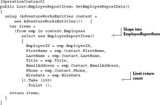 The GetEmployees method of the AdventureWorksService class