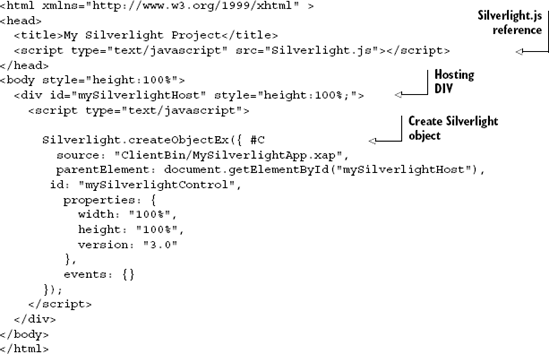 Instantiating the Silverlight control (HTML)