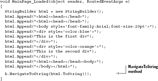 Loading an HTML string via NavigateToString