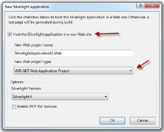 When creating the Silverlight application, be sure to host the application in a new Web Application.