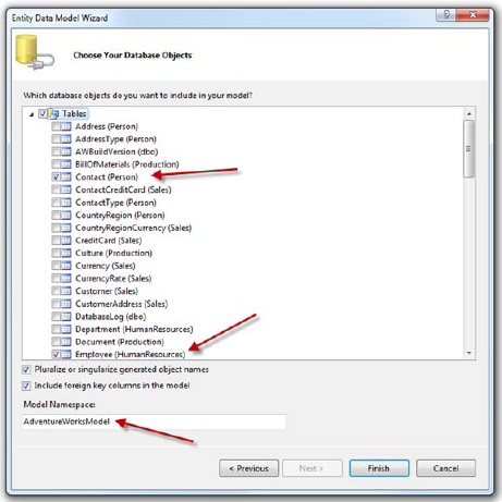 Select the Contact and Employee tables from the AdventureWorks database. Leave the model namespace set to AdventureWorksModel.