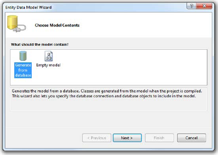 The first step of the Entity Data Model Wizard. Be sure to choose Generate from Database.