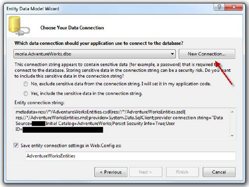 The Choose Your Data Connection dialog box. If you don't already have an AdventureWorks connection created, click the New Connection button. This screenshot shows the data connection dialog with a valid data connection already selected by default.