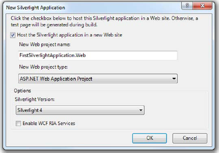 The New Silverlight Application options dialog