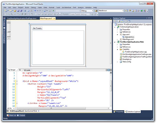 The Visual Studio 2010 IDE showing the markup correctly entered for MainPage.xaml