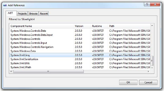 The Add Reference dialog with System.Xml.Linq selected for LINQ to XML functionality