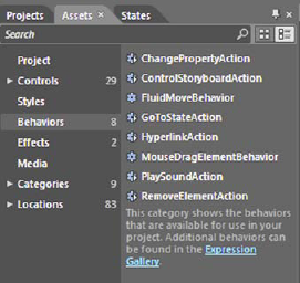 The default behaviors in Expression Blend include items from utilitarian, to sound playing, to complex interactions such as mouse drag and drop. Additional behaviors may be found on the Microsoft Expression Community Gallery at http://gallery.expression.microsoft.com.