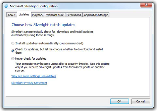 The Silverlight Configuration dialog box (Silverlight 4 adds a Webcam/Mic tab). This dialog box is accessible by right-clicking Silverlight content within a web browser. Administrators may configure the Silverlight auto-updater for all users, thereby disabling the ability to change options on this screen.