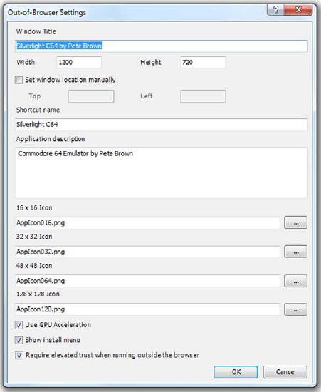 The Out-of-Browser Settings dialog