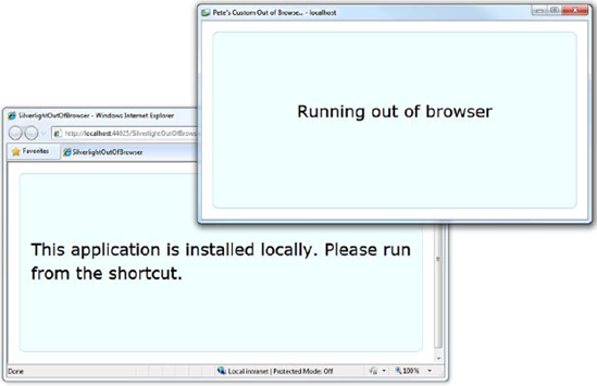 The same application after it's detected that it was installed and is running outside of the browser. Note that the browser-hosted version responded to the InstallStateChanged event by changing its own UI.