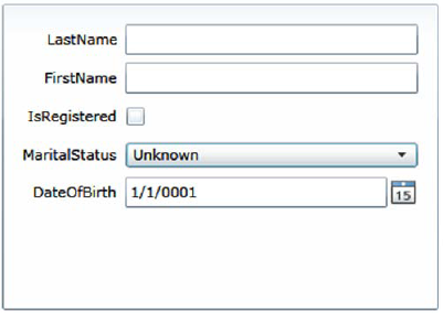 DataForm showing generated edit controls bound to a single object without a backing collection. Note that there's no toolbar or set of navigation buttons. Not all fields are shown, so your form will look slightly different.