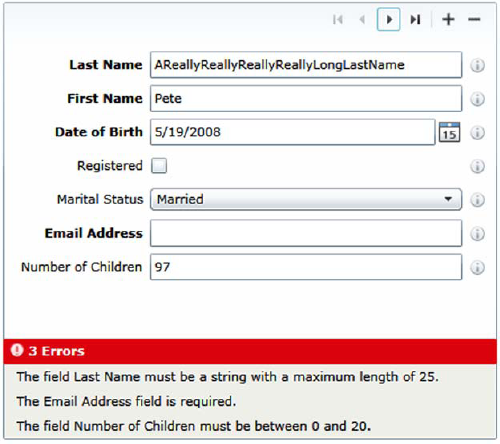 The DataForm with validation rules in place, showing the Validation Summary and default validation messages