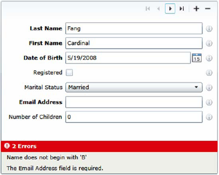 The Last Name field failed our custom validation check, as indicated in the error message at the bottom. Note that the field name isn't included in the error message.