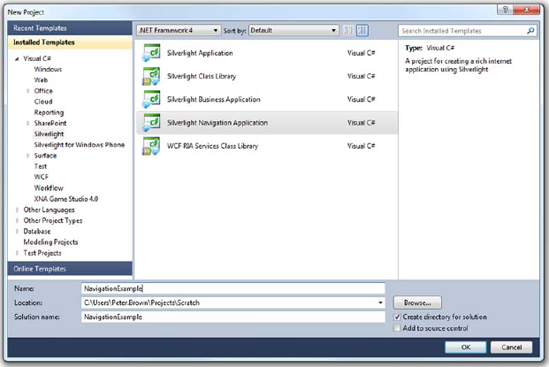 Picking the Navigation Application template in Visual Studio 2010