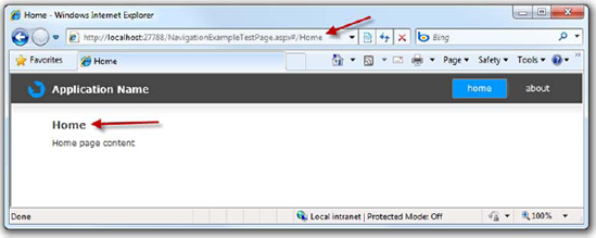 The Navigation Application default project. Note how the URL corresponds to the current page visible in the application, and how the navigation menu on the right is synchronized with the two.
