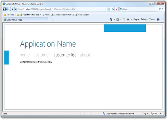 The navigation application with a customer list page loaded from an external assembly