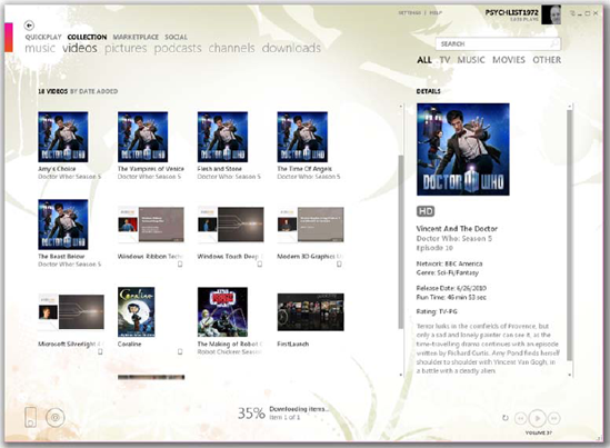 The Zune software client. Note the small arrow Back button at upper left. Also note the two-level navigation using links such as Quickplay, Collection, Marketplace, and Social. (I get my Doctor Who fix using Zune. It's cheaper than cable.)