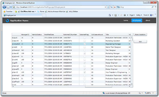 The Employee List page shown with an item selected in the grid. Note that the scrollbar is scrolled to the right to get past the columns you don't need.