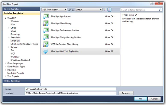 Adding a new Silverlight Unit Test Application to the solution. I named the project MvvmApplication.Tests, but the name isn't important.