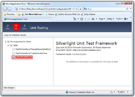 Silverlight unit test runner with two passed tests and one failed test