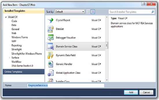 Creating the EmployeeService domain service. You can find the Domain Service Class template in the top-level Visual C# template list.