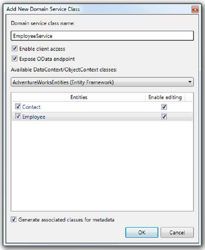 The Domain Service setup dialog. If your dialog entity list is empty, cancel out and build the project.