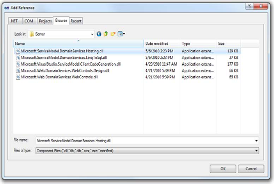 The Add Reference dialog with the correct assembly selected to allow exposing JSON and SOAP endpoints