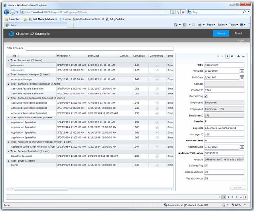 The application with the details DataForm on the right, populated from the selected grid item. Row navigation works from both the grid and the DataForm.