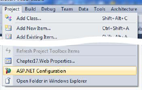 The Project menu showing the ASP.NET Configuration option selected. This is the option used to configure the authentication database. If you don't see it, make sure the right project is selected.