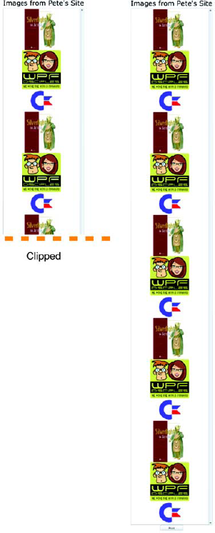 The content on the left had the transform applied directly to the PageVisual. It was clipped prior to transforming. The content on the right had the transform applied one level below the Page-Visual, at the Layout-Root. The LayoutRoot was transformed, and the PageVisual was clipped, providing the result we were looking for.