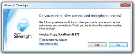 Webcam and microphone access confirmation dialog