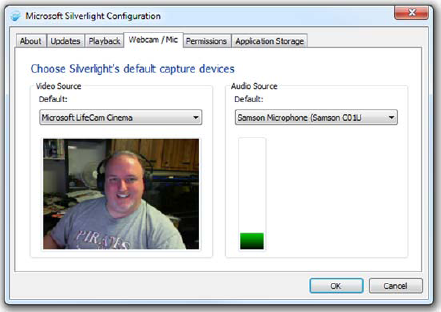 Silverlight default webcam and microphone tab in the Silverlight settings dialog. Either that image is horizontally stretched in an unflattering way, or I need to lay off the chips.