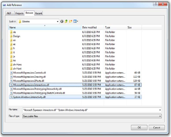 Adding the Blend SDK assemblies as references. On my machine, the Microsoft. Expression.Interactions library and the System.Windows.Interactivity library were both located in C:Program FilesMicrosoft SDKsExpressionBlendSilverlightv4.0Libraries.