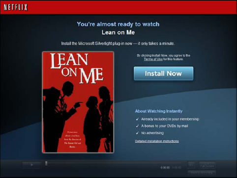 The Netflix player. This is an excellent example of a Silverlight install prompt. It includes a ghosted image of the player, information about the movie you've selected, and a clear call to action. (Image courtesy of Tim Heuer.)
