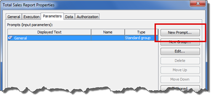 SAS Management Console: Properties: Parameter: New Prompt