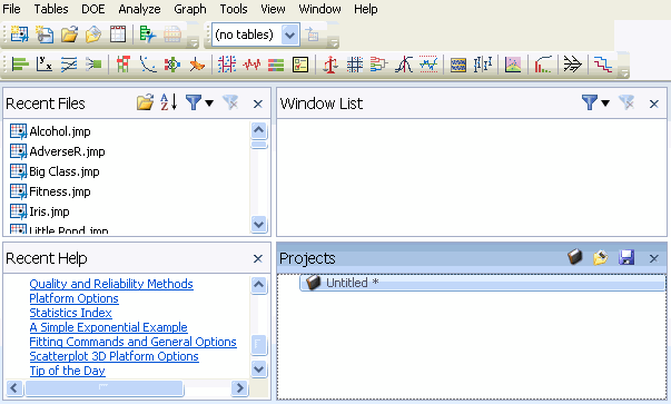 JMP Home Window with Projects Pane