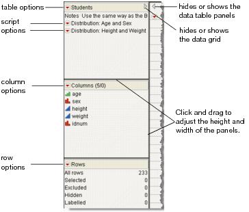 Interacting with the Data Table Panels