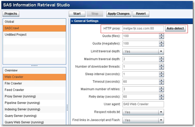 Display 2.7: General Settings for SAS Web Crawler