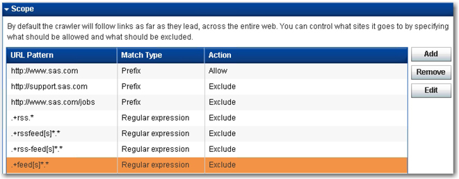 Display 2.9: Configuration for Managing the Scope in SAS Web Crawler