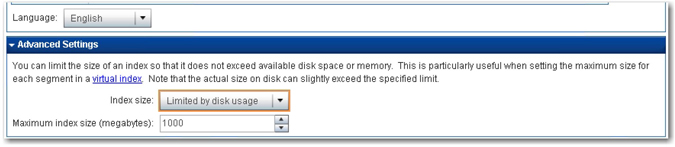 Display 2.11: Language and Index Size Options in the Indexing Server